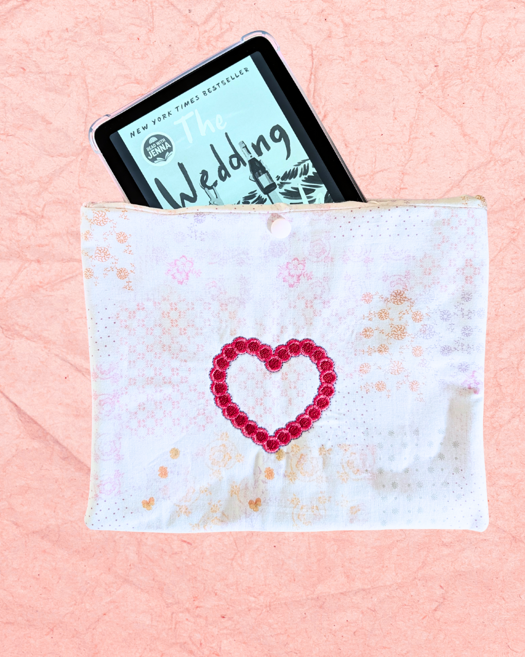 Valentine's Heart Embroidered Patchwork Book Sleeve | Cozy Quilted Book And Kindle Protector